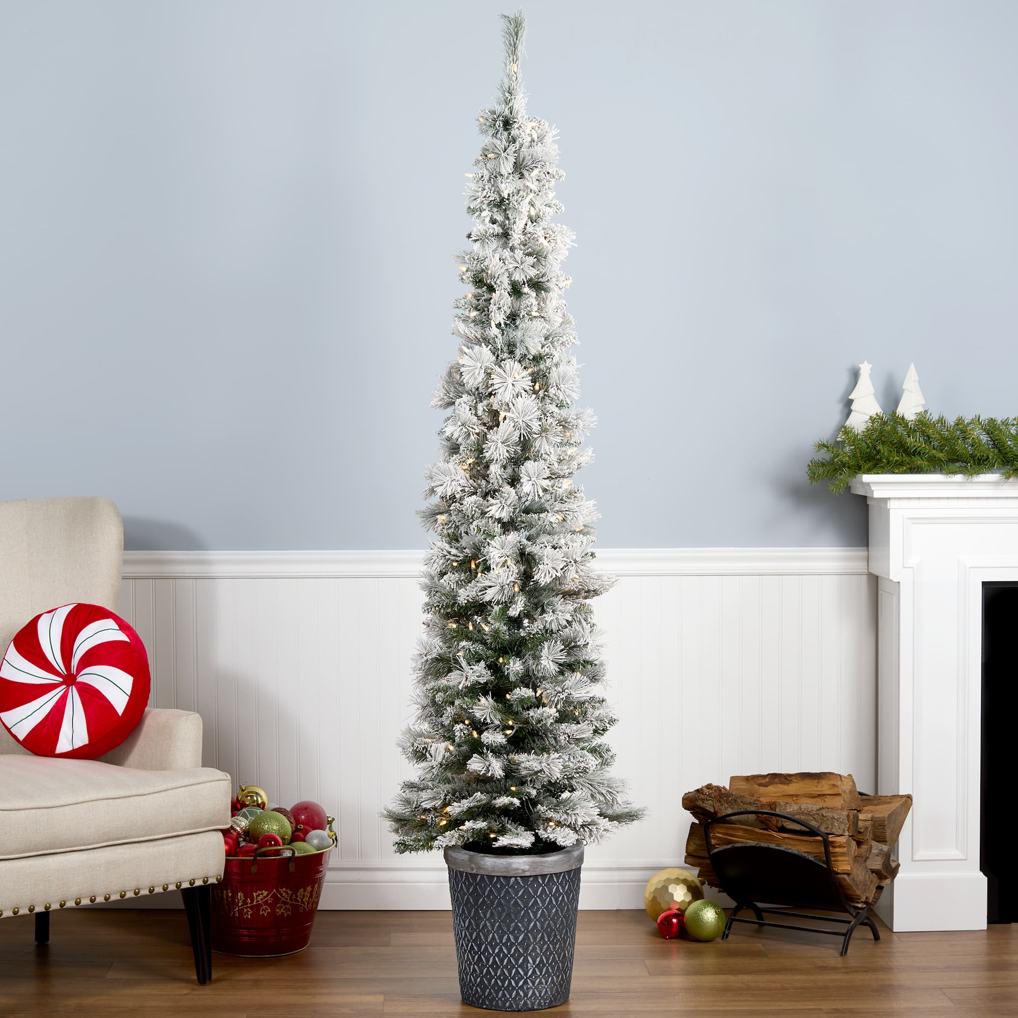 7ft. Pre-Lit Snowy Methow Pencil Artificial Christmas Entrance Tree, Warm White LED Lights